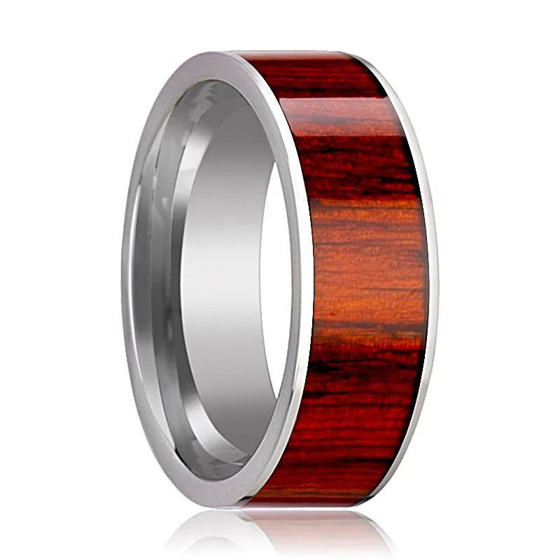 ruby rings for women-CLAYMORE | Silver Tungsten Ring, Exotic Padauk Wood Inlay, Flat