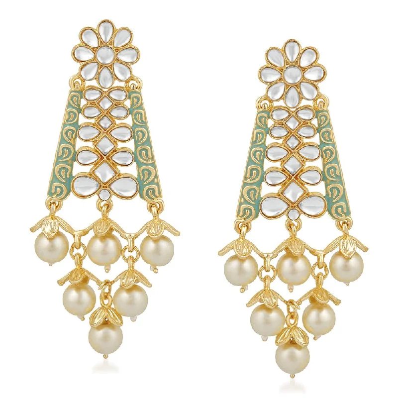 luxury earrings for women-Mahi Ethnic Gold Plated White Kundan Floral Triangular Green Meenakari Work Dangler Earring For Women VECJ100205