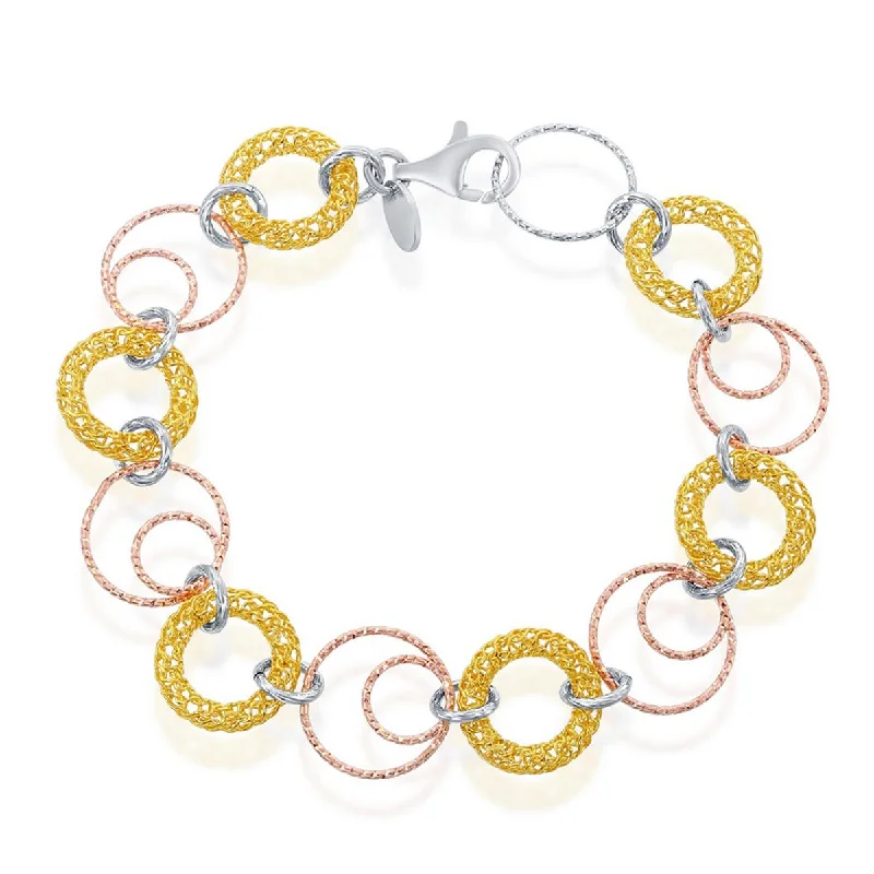 silver charm bracelets for women-Classic Women's Bracelet - Tri Color Sterling Silver Open Circles Link | S-4796