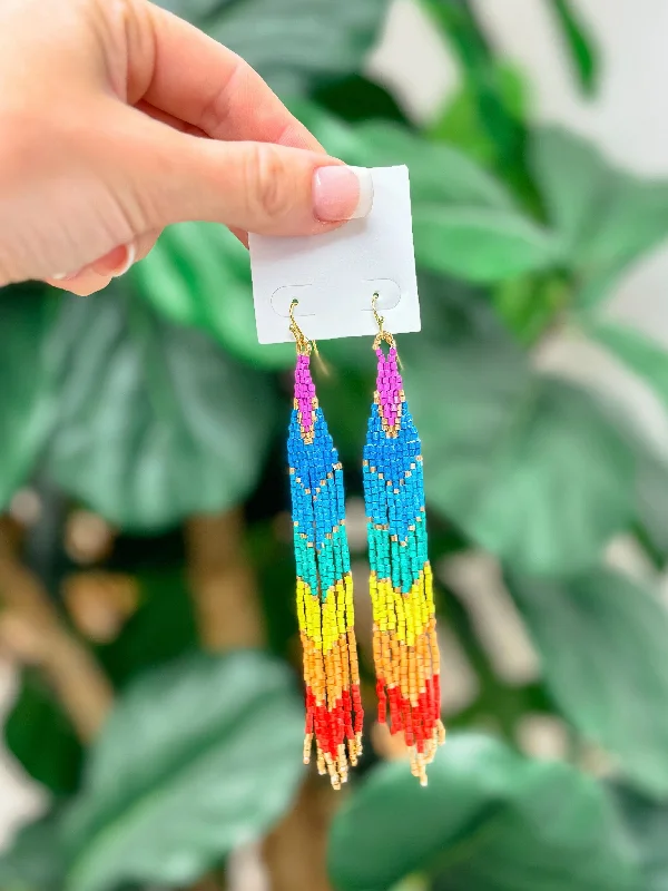 diamond stud earrings for women-Rainbow Beaded Fringe Dangle Earrings