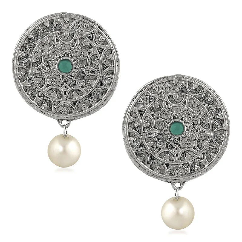 long earrings for women-Mahi Green Kundan and Artificial Pearl Traditional Dangler Earrings for Women (VECJ100234)