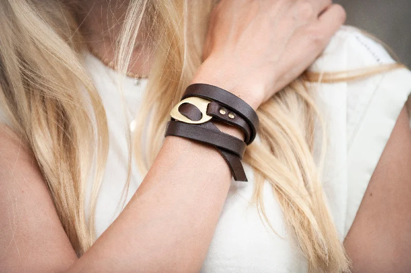 handmade bangles for women-Personalized Leather Wrap Bracelet, Engrave Words | Dark Brown + Antique Brass