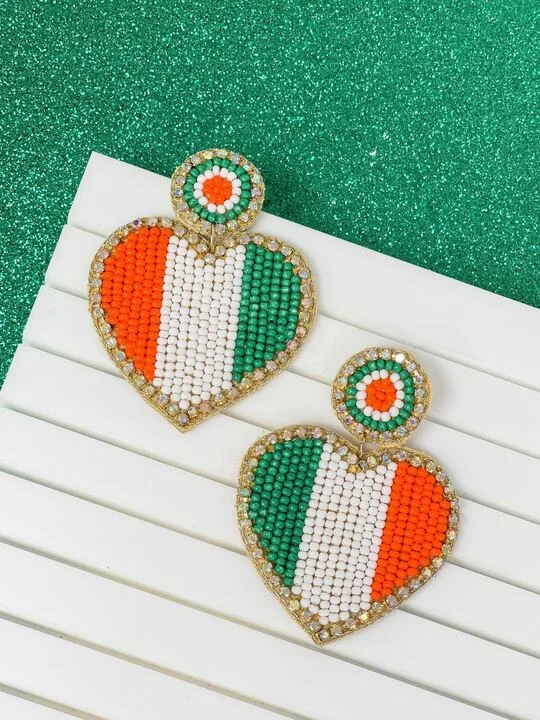 dazzling hoop earrings for women-Irish Flag Heart Beaded Dangle Earrings