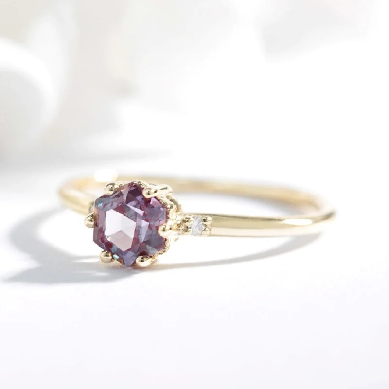 custom-made wedding rings for women-Hexagon Alexandrite and diamond engagement ring