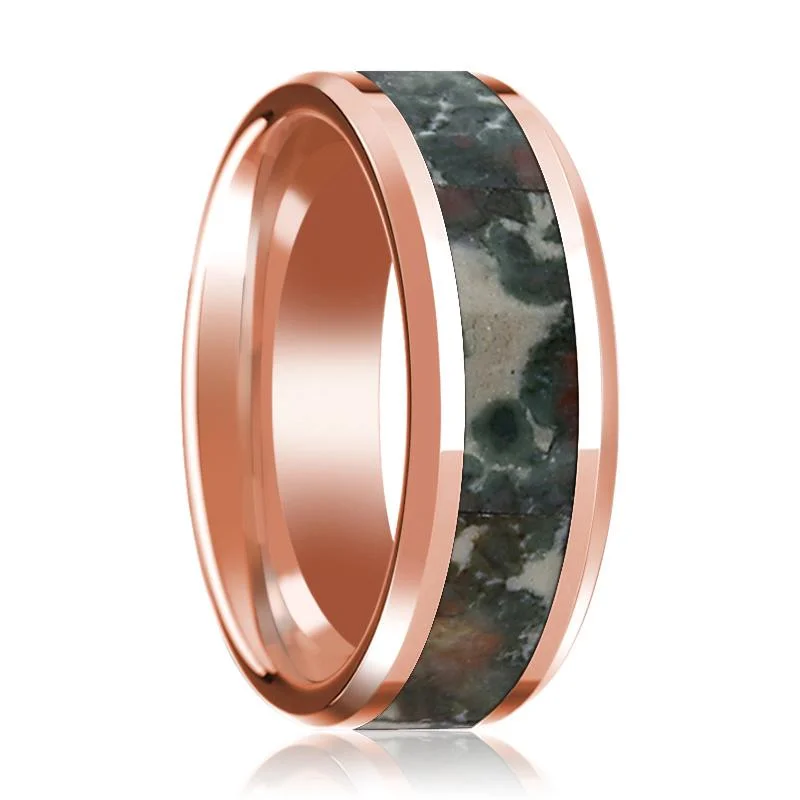 custom gold rings for women-Beveled 14K Rose Gold Men's Wedding Band with Coprolite Fossil Inlay Polished Finish - 8MM