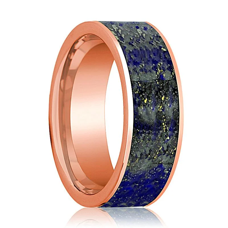 large wedding rings for women-Men's Flat Polished 14k Rose Gold Wedding Band with Blue Lapis Lazuli Inlay - 8MM