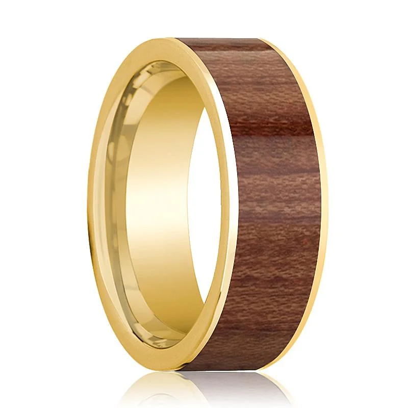 promise rings for women-Polished 14k Yellow Gold Flat Wedding Band for Men with Rose Wood Inlay - 8MM