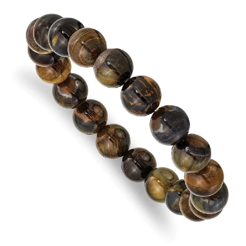 colored gemstone bracelets for women-Blue and Yellow Tiger's Eye Agate Beaded Stretch Bracelet