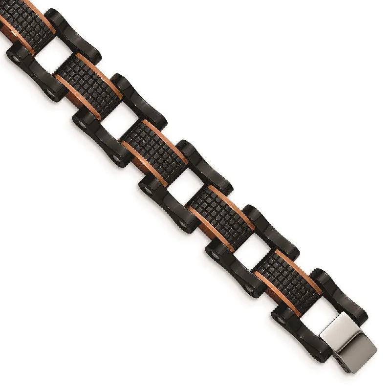 stretch bracelets for women-Stainless Steel Polished & Textured Black & Brown IP 8.25in Link Bracelet