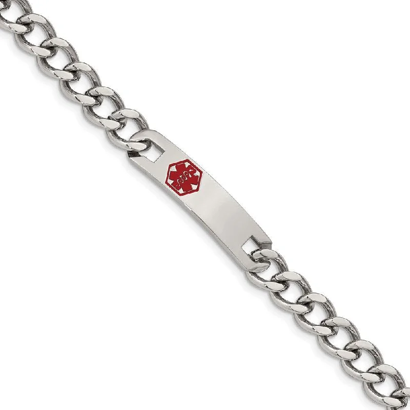 silver charm bracelets for women-Stainless Steel Polished with Red Enamel 9.5in Medical ID Bracelet