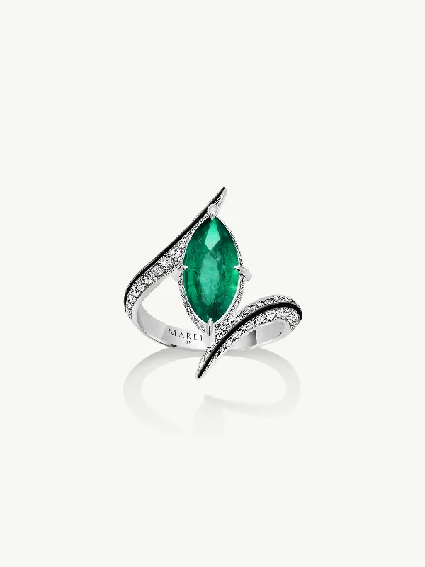 gold rings for women-Ayla Arabesque Brilliant Marquise-Cut Emerald Ring With Pavé White Diamonds & Enamel In 18K White Gold