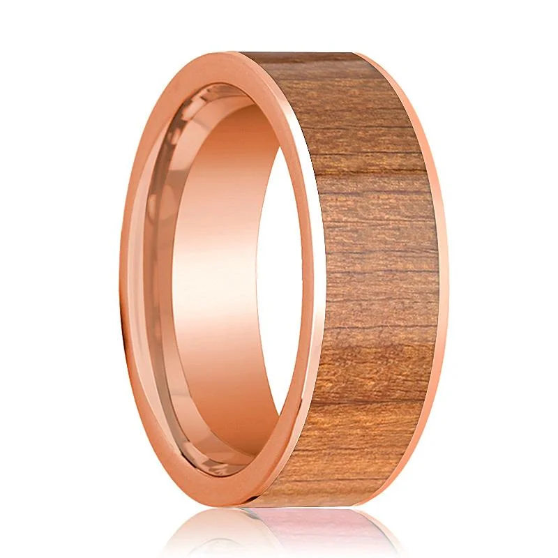 romantic rings for women-Men's 14k Rose Gold Flat Wedding Band with Cherry Wood Inlay Polished Finish - 8MM