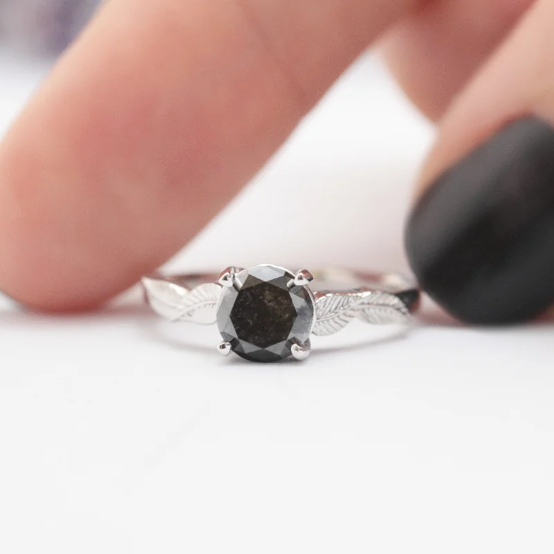 engagement rings for women-Black Diamond Leaf Engagement Ring