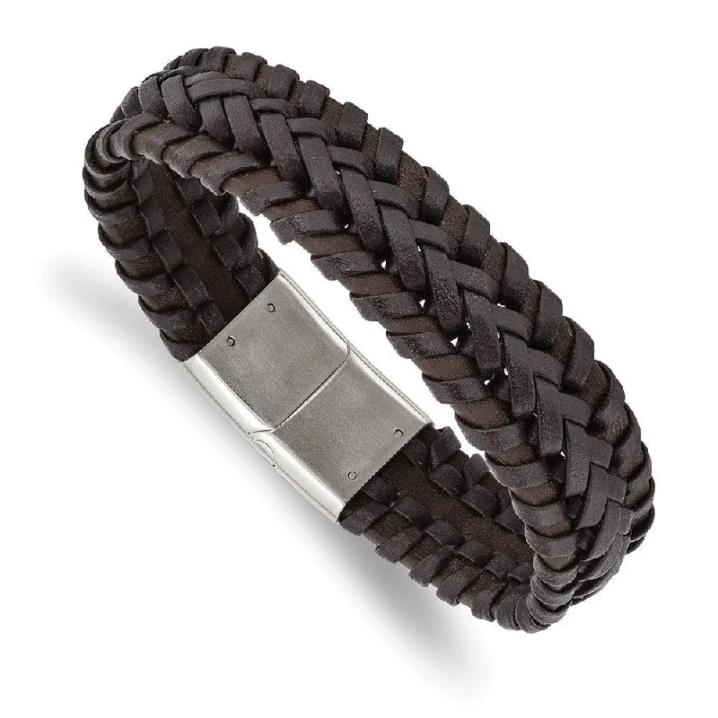 delicate bangles for women-Stainless Steel Polished Braided Brown Leather 8.5in Bracelet