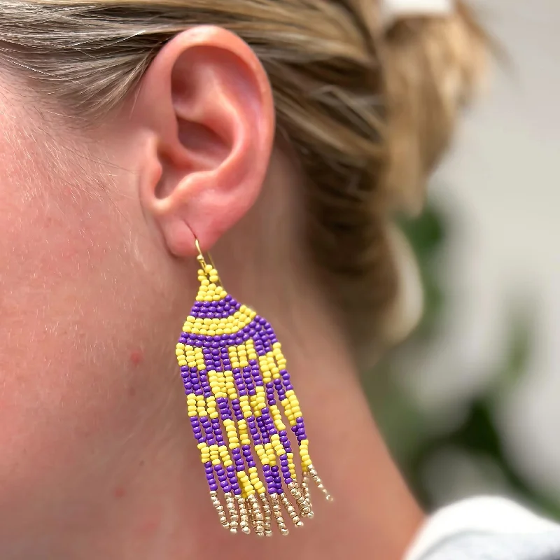 diamond and gold earrings for women-Game Day Seed Bead Fringe Dangle Earrings - Purple & Yellow