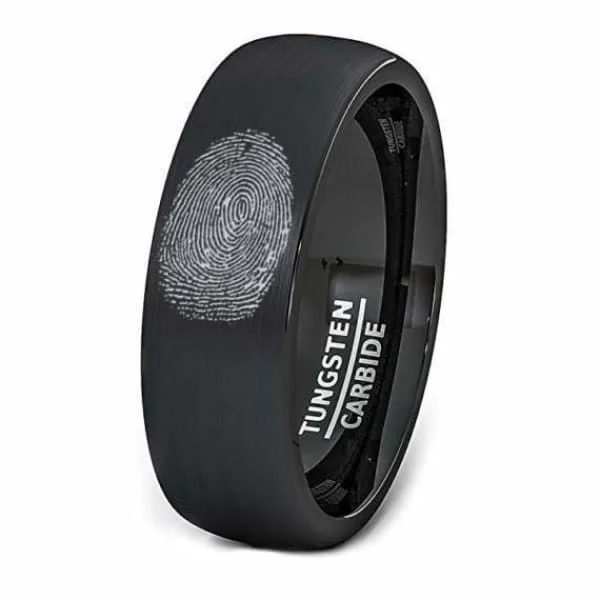 large wedding rings for women-Domed Finger Print Engraved Black Tungsten Wedding Ring With Brushed Center - 8mm