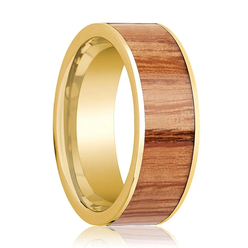 custom rings for engagement-Men's 14k Yellow Gold Flat Wedding Band with Red Oak Wood Inlay Polished Finish - 8MM