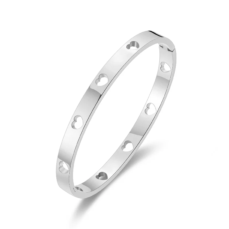 birthstone bracelets for women-Stainless Steel Heart Bangle (7 Inch)