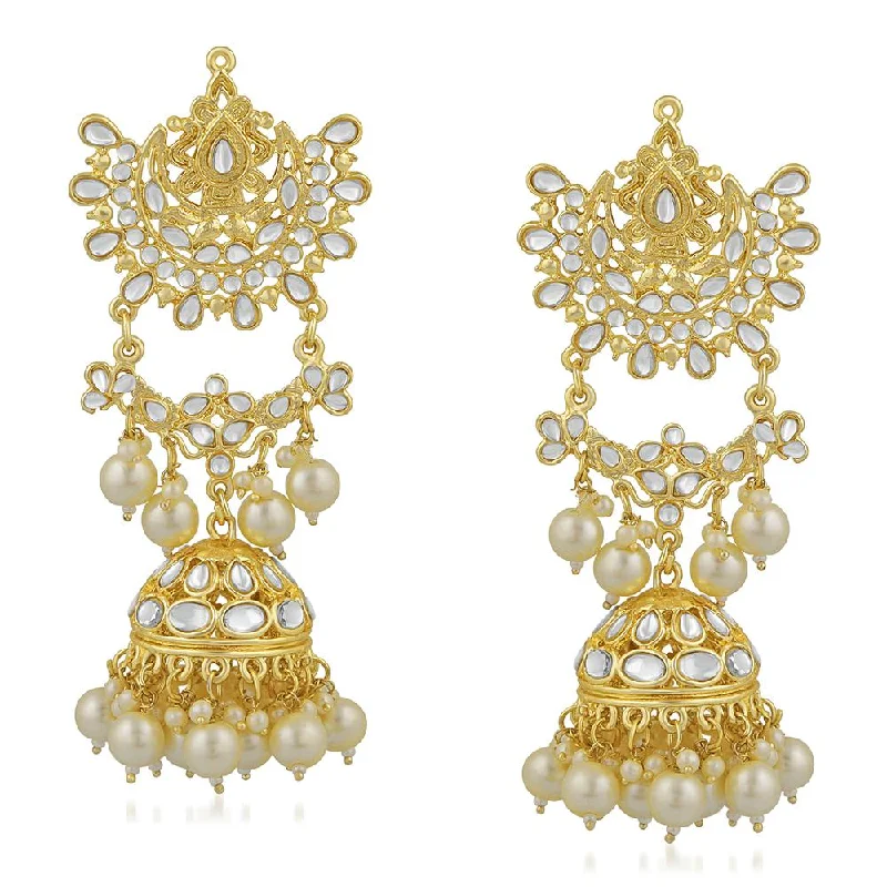 precious stone earrings for women-Mahi Ethnic Gold Plated White Kundan Long Dangler Jhumki Earring For Women VECJ100195