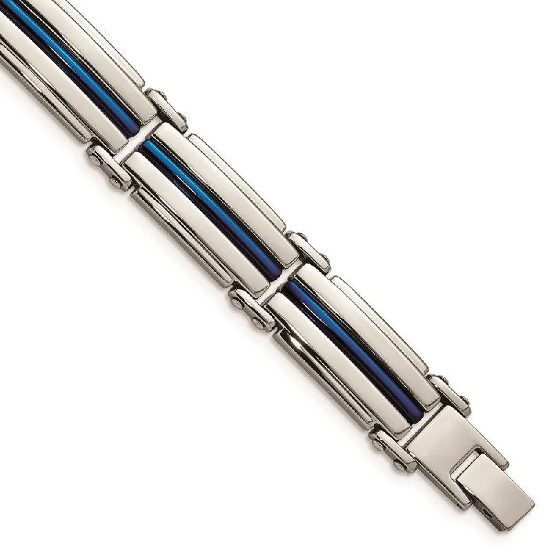 silver bracelets for women-Stainless Steel Polished Blue IP-plated 8.5in Link Bracelet