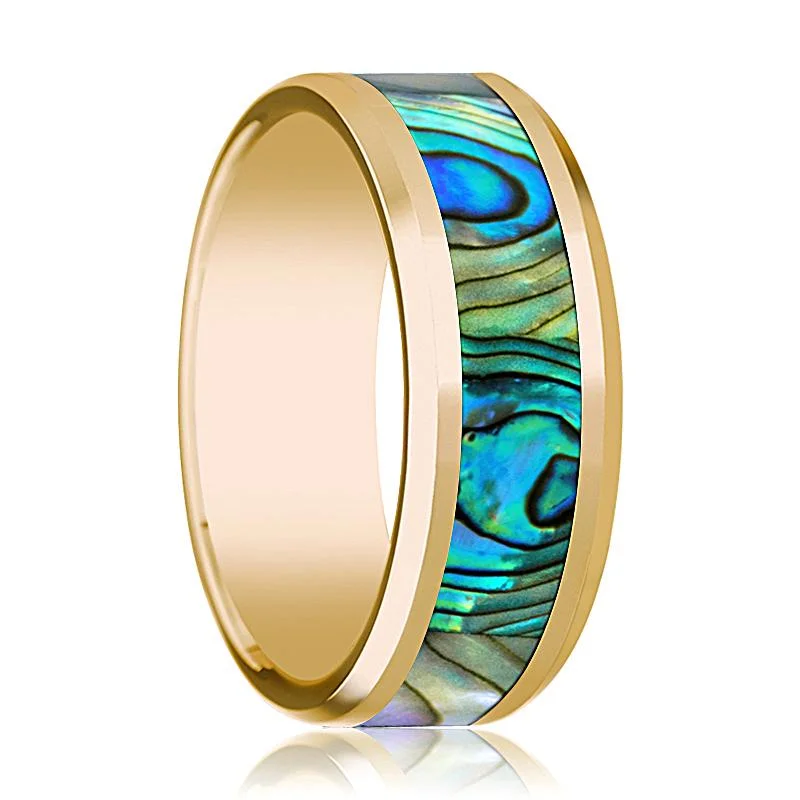 precious gemstone rings for women-Men's 14k Yellow Gold Wedding Band with Mother of Pearl Inlay and Bevels - 8MM