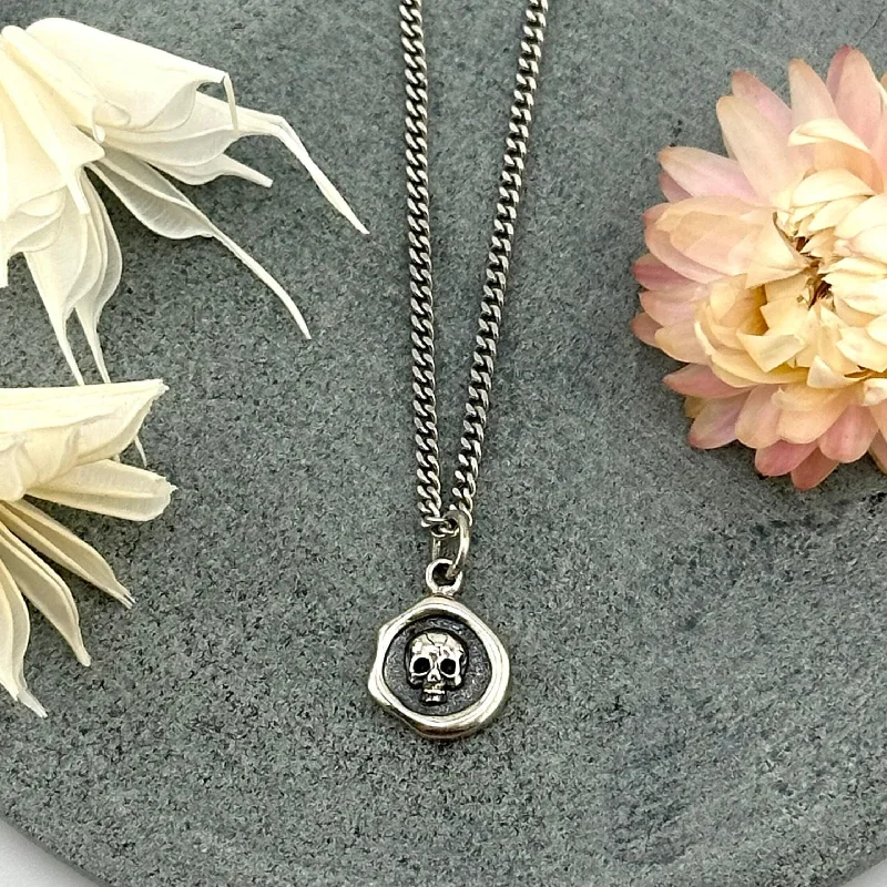 trendy layered necklaces for women-Skull Wax Seal Necklace - Silver