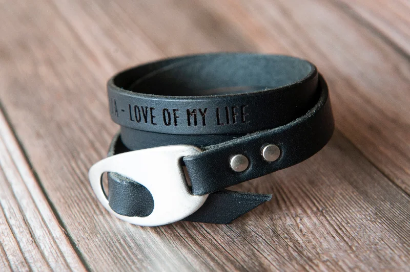 bangle bracelets for women-Personalized Leather Wrap Bracelet, Engrave Custom Words , Handmade, Black Leather