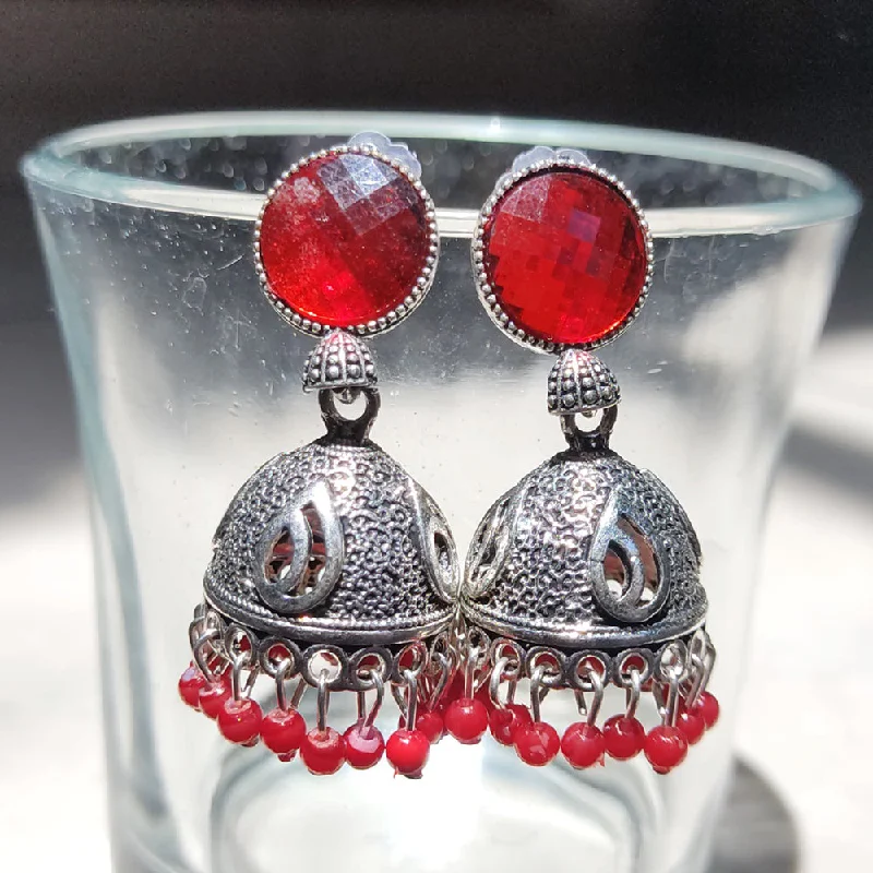 red gemstone earrings for women-H K Fashion Oxidised Plated Crystal Stone Jhumki Earrings