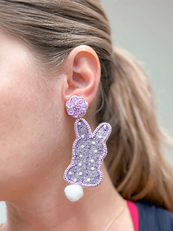 silver earrings for women-Easter Bunny Beaded Dangle Earrings - Purple