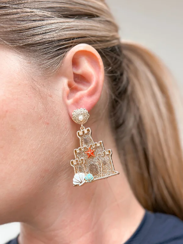 crystal earrings for women-Glitter Sand Castle & Shell Drop Earrings