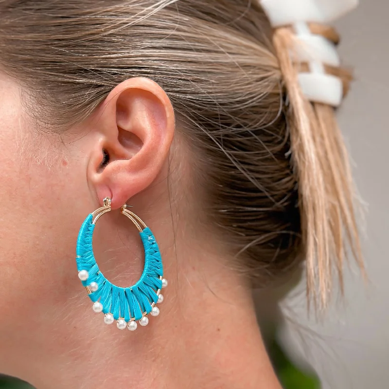 hoop earrings for women-Bright Turquoise Raffia Pearl Hoop Earrings