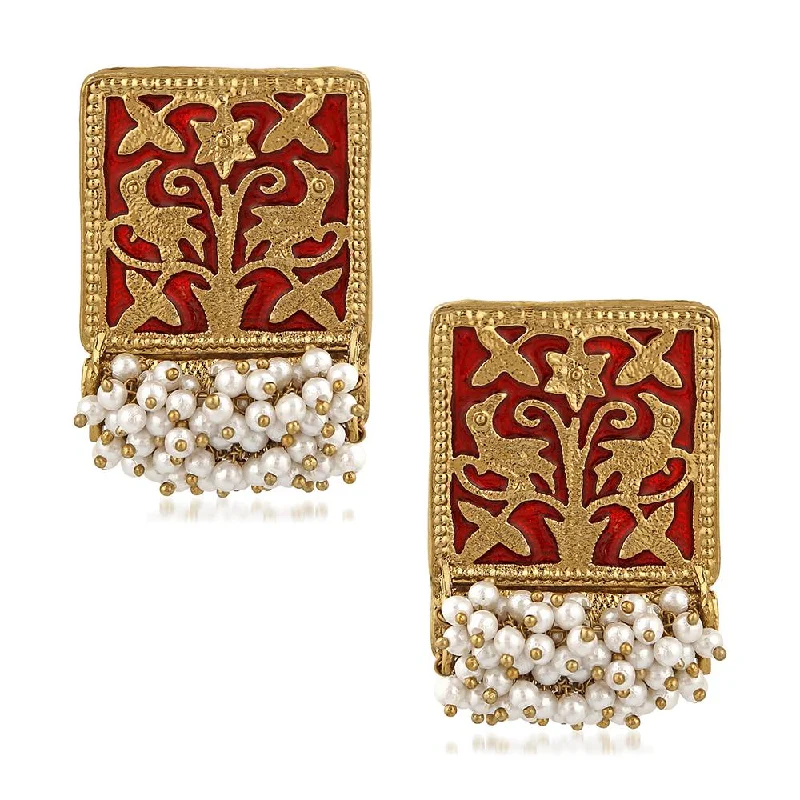 unique earrings for women-Mahi Ethnic Meenakari Work Rectangular Shape Dangler Earring with Artificial Pearl for Women VECJ100138Red