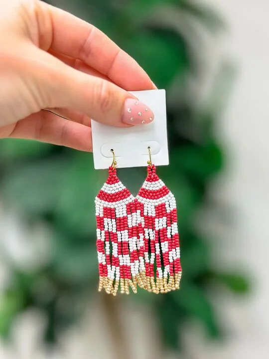 intricate earrings for women-Game Day Seed Bead Fringe Dangle Earrings - Red & White