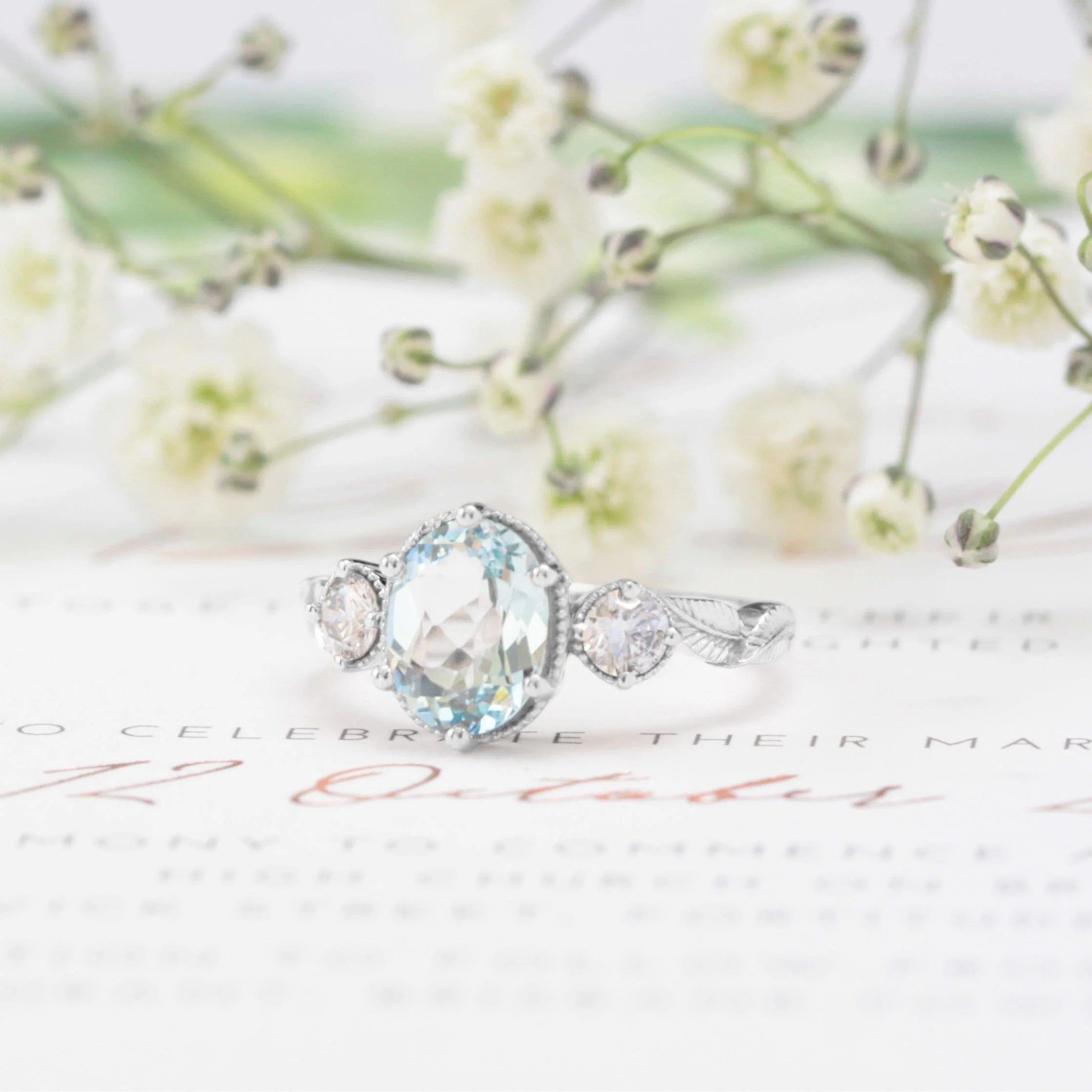 band rings for women-Oval Aquamarine Leaf Ring