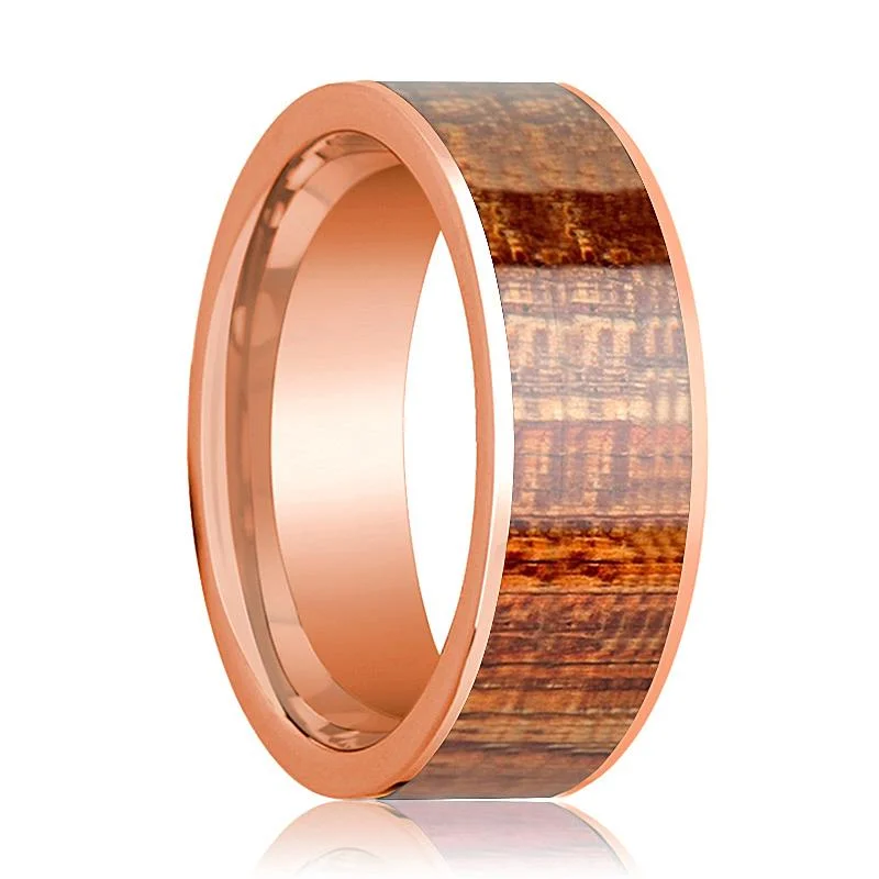 silver diamond rings for women-14k Rose Gold Polished Flat Mahogany Wood Inlay Ring for Men