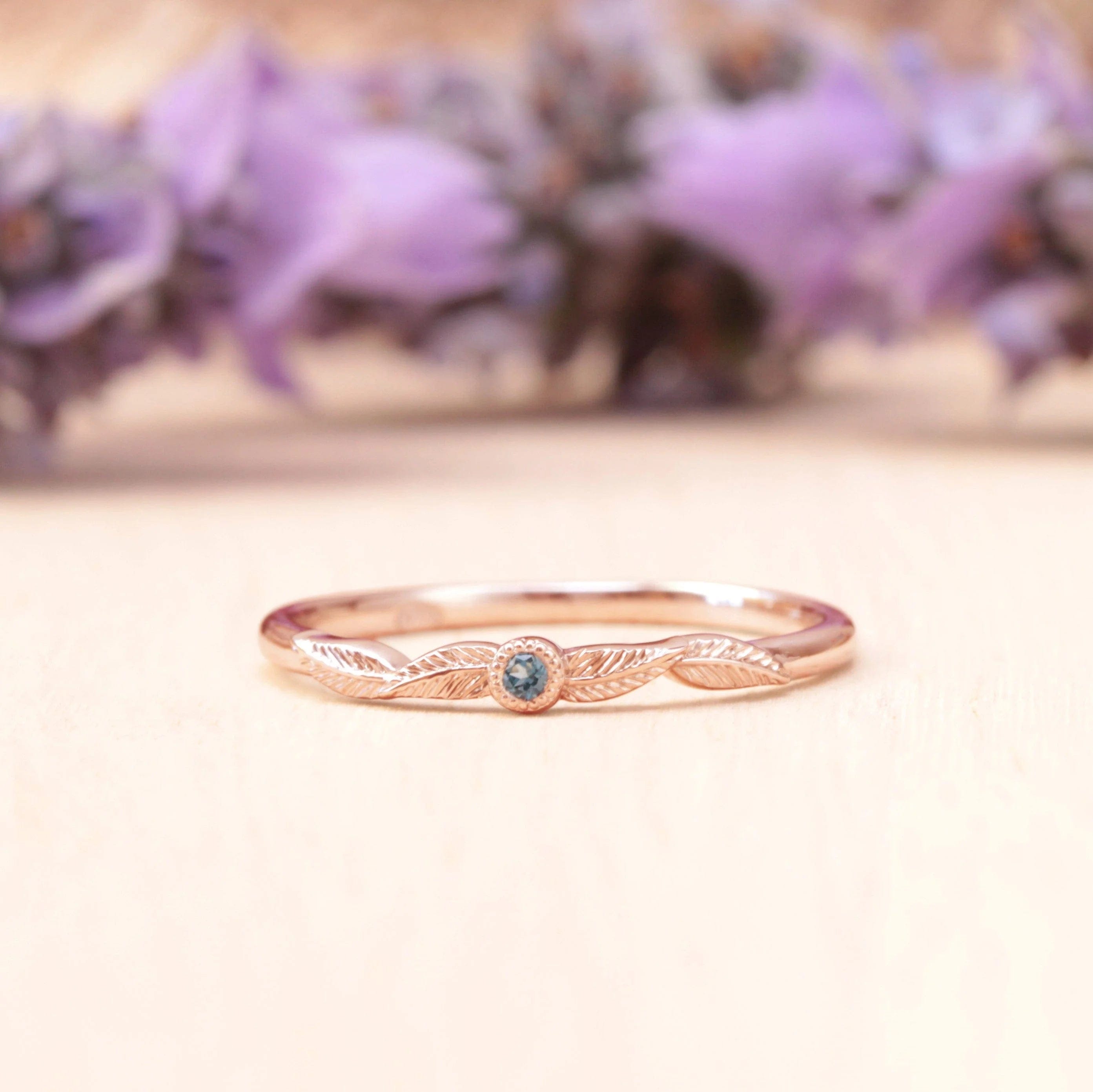 gemstone rings for women-Aquamarine Birthstone Leaf Ring