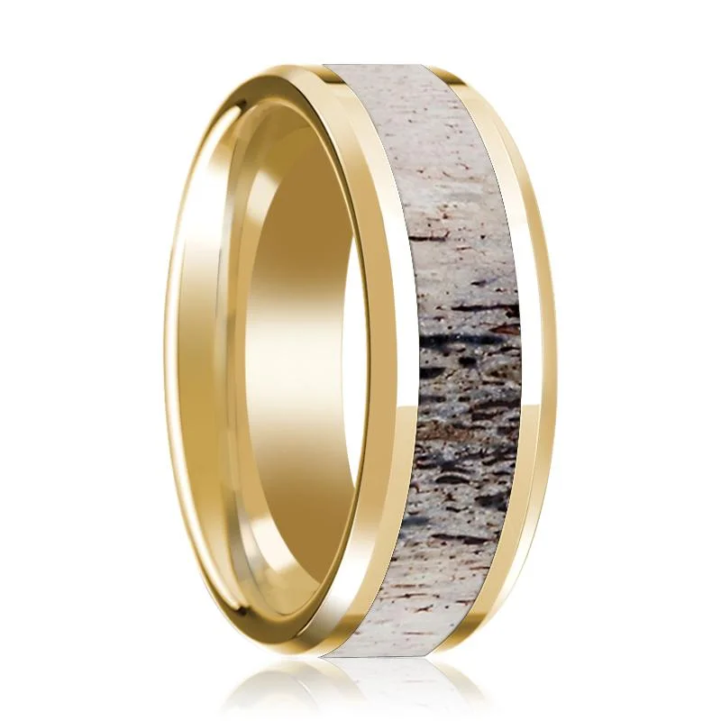 classic wedding rings for women-Men's 14k Yellow Gold Polished Wedding Band with Ombre Deer Inlay & Beveled Edges - 8MM