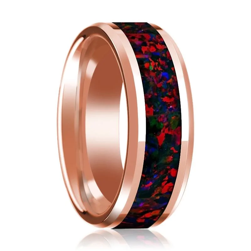 blue sapphire rings for women-Black & Red Opal Inlaid 14k Rose Gold Polished Wedding Band for Men with Beveled Edges - 8MM