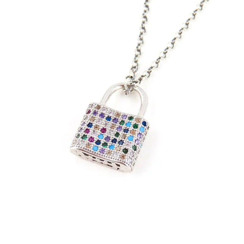 romantic necklaces for women-Colorful Sparkly Silver Padlock Necklace