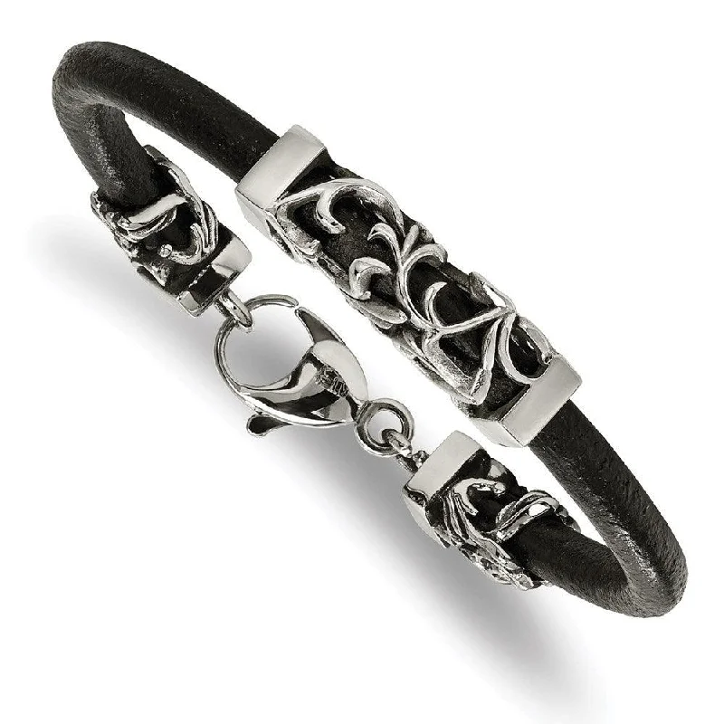 bangle bracelets for women-Stainless Steel Polished Antiqued Filigree Black Leather Cord Bracelet