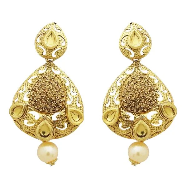 bridal hoop earrings for women-Jheel Brown Stone Gold Plated Pearl Drop Dangler Earrings - 2900229A