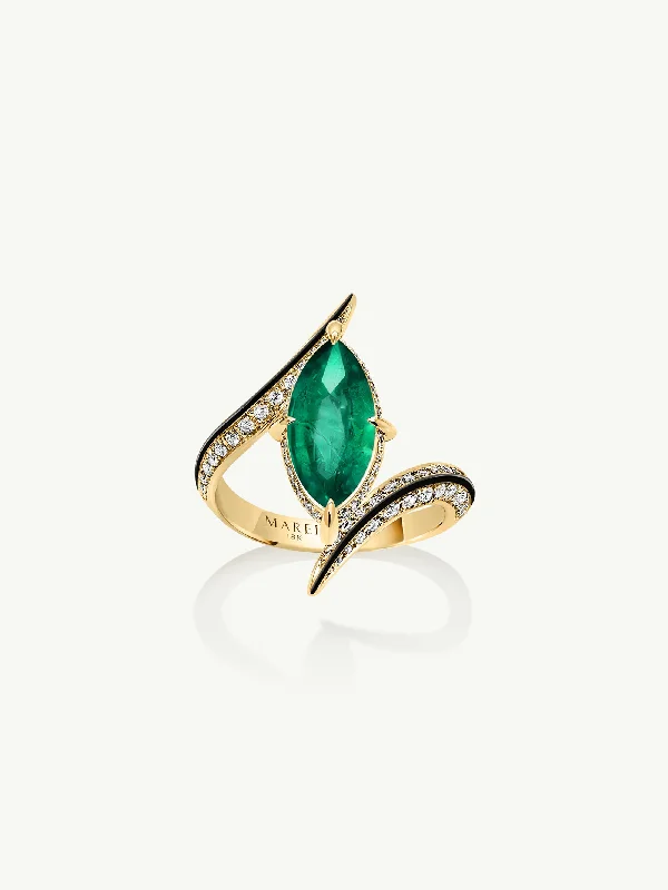 statement rings for women-Ayla Arabesque Brilliant Marquise-Cut Emerald Ring With Pavé White Diamonds & Enamel In 18K Yellow Gold