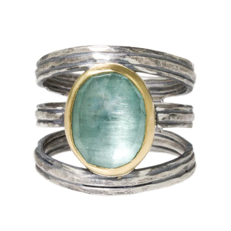 affordable wedding bands for women-Split Ribbed Aqua Kyanite Ring