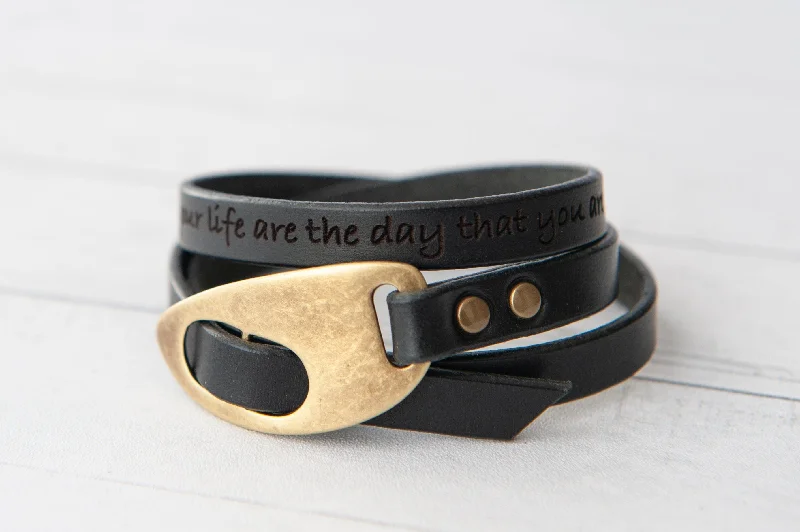 trendy charm bracelets for women-Personalized Black Leather Wrap Bracelet, Engrave Custom Words , Mens Bracelet Handmade