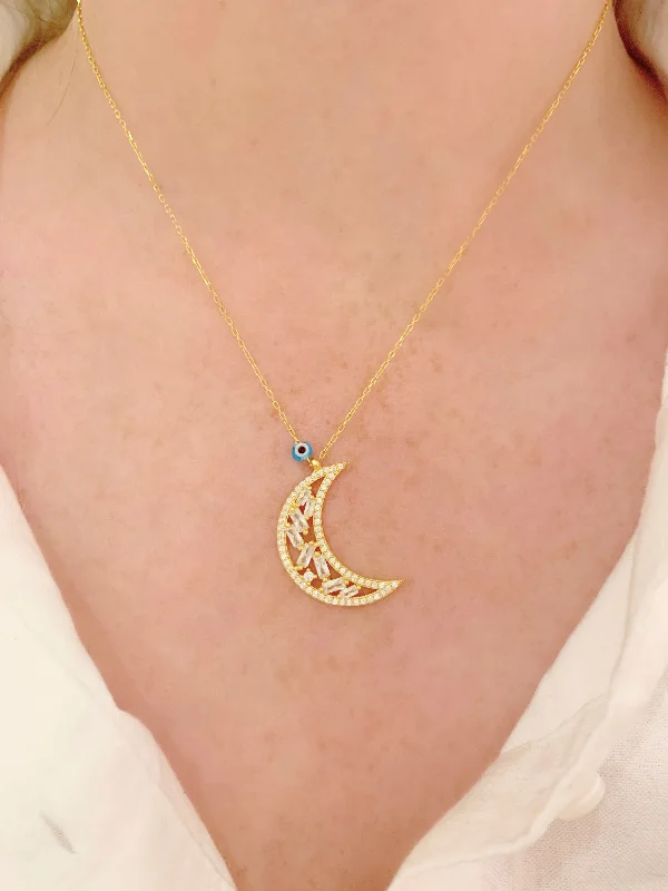 luxury pendant necklaces for women-Baguette Moon Necklace