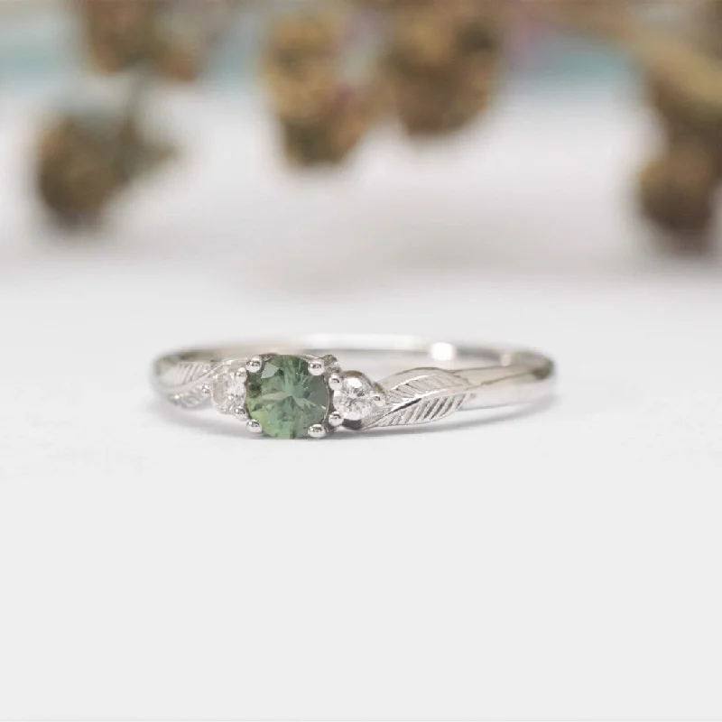 large gemstone rings for women-Green Sapphire and Diamond Leaf Engagement Ring