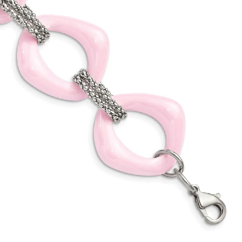 infinity bracelets for women-Stainless Steel Pink Ceramic Link Bracelet