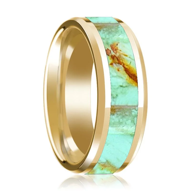 opal engagement rings for women-Men's Polished 14k Yellow Gold Wedding Band with Turquoise Stone Inlay & Beveled Edges - 8MM