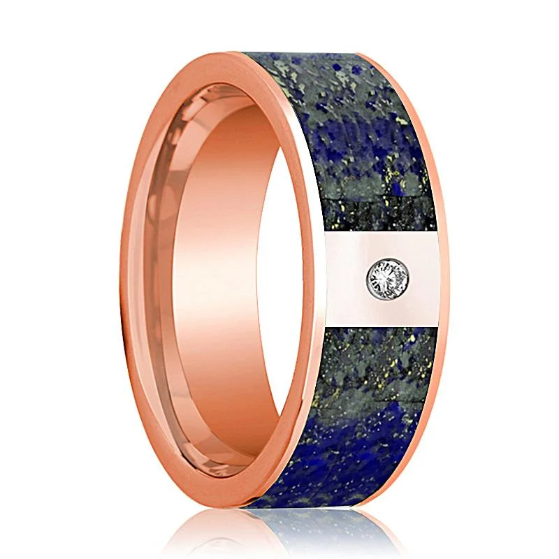 high-end rings for women-Flat Polished 14k Rose Gold and Diamond Wedding Band with Blue Lapis Lazuli Inlay - 8MM