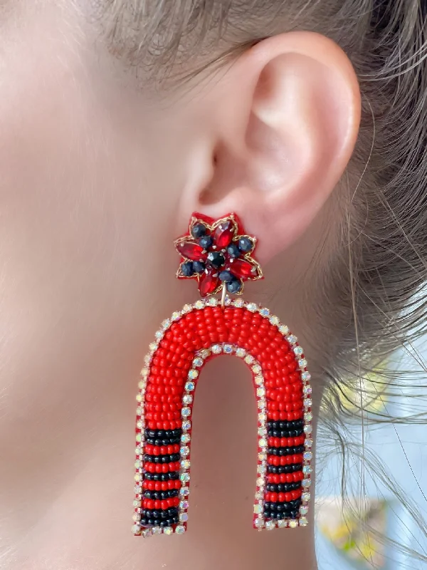 stunning earrings for brides-Game Day Beaded Arch Dangle Earrings - Red & Black